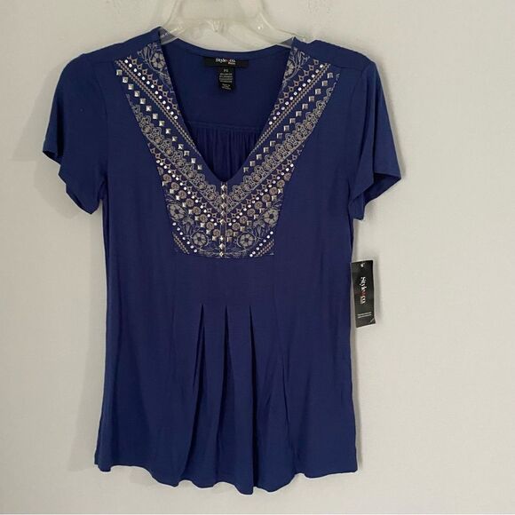 Style & Co. Tops - Style & Co. Women’s Deep V Neck Blue Stud Details Short Sleeve Top size PS